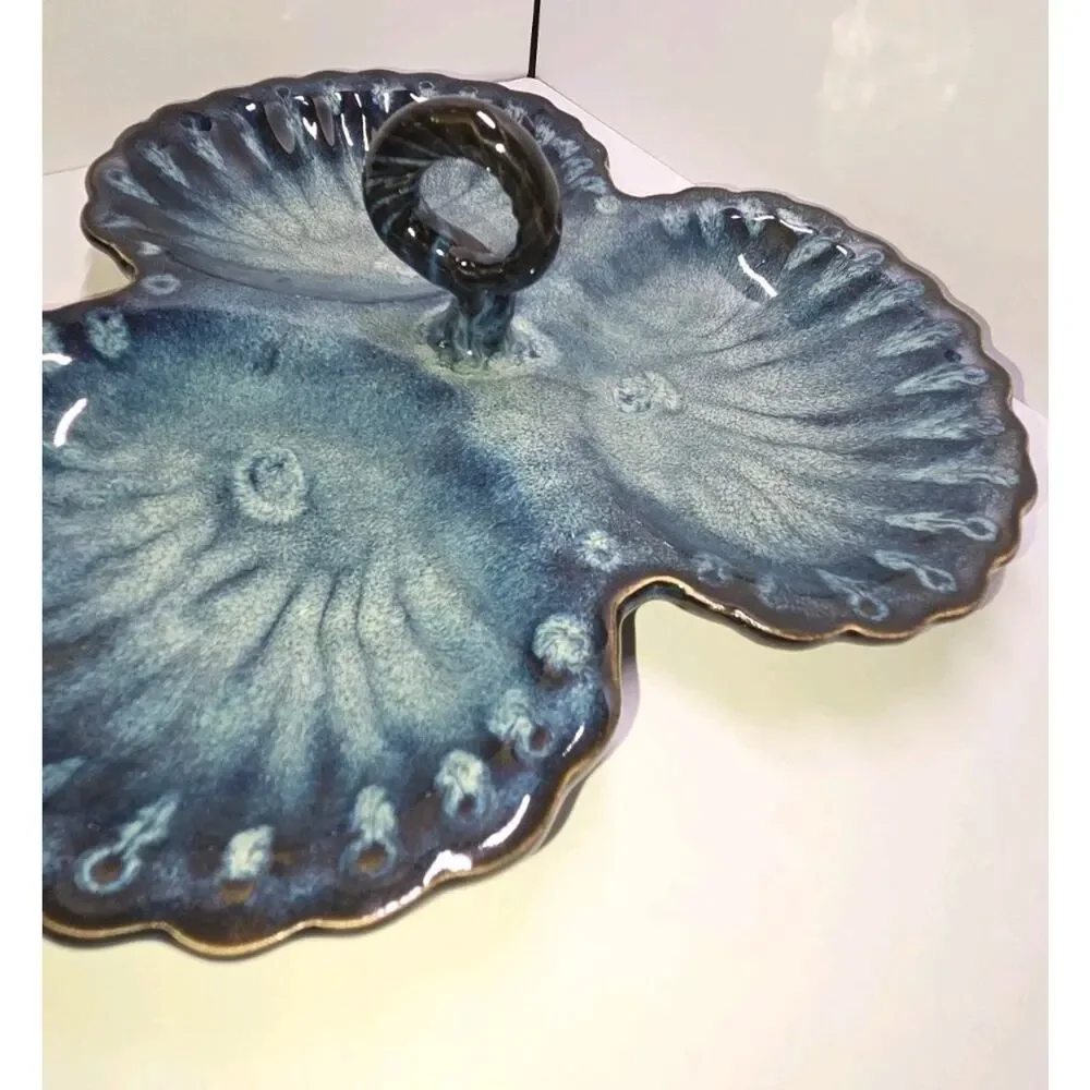 MCM 1960s California Pottery Blue Triple Section Scallop Shell Serving Tray
